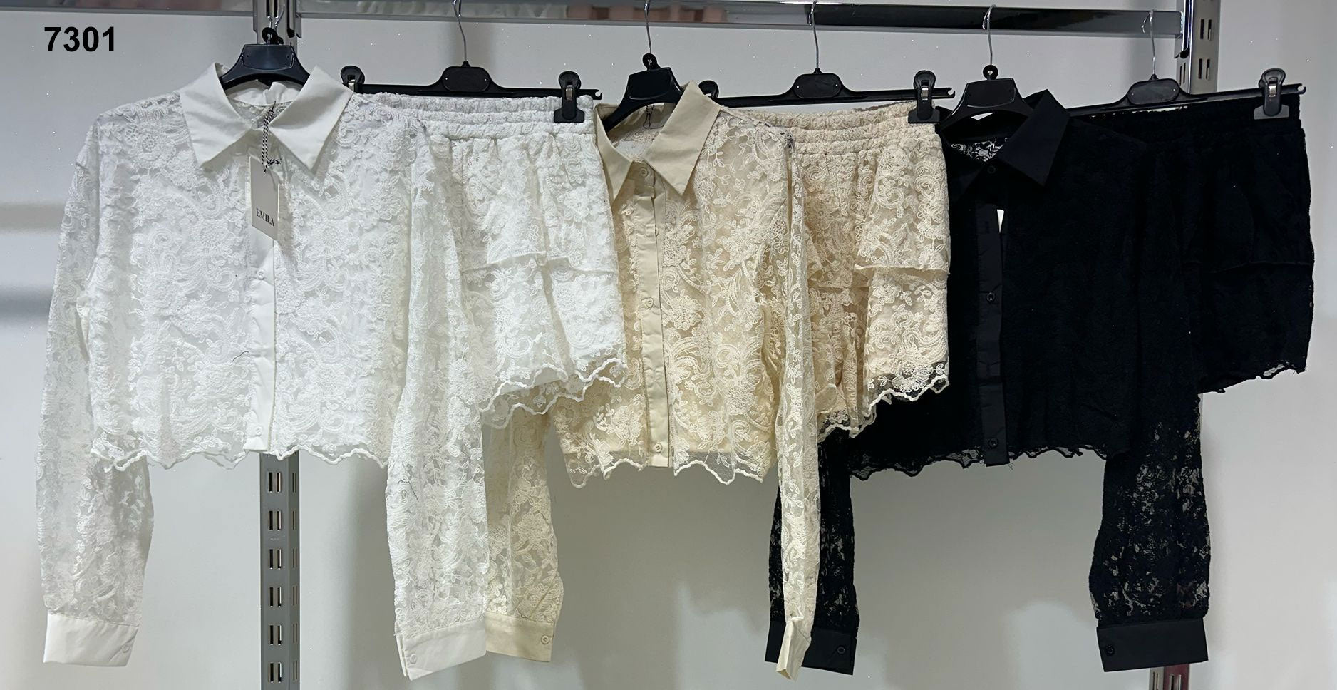 Completo Elegante Camicia Pantaloncini Shorts Merletto Pizzo Coordinato Casual in 3 Colori - 7301