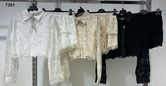 Completo Elegante Camicia Pantaloncini Shorts Merletto Pizzo Coordinato Casual in 3 Colori - 7301