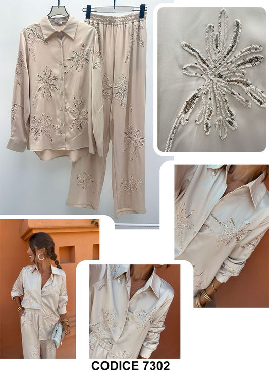 Completo Elegante Rasato Camicia Pantalone Palazzo Applicazione Strass Stampa Floreale Coordinato Beige - 7302
