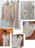 Completo Elegante Rasato Camicia Pantalone Palazzo Applicazione Strass Stampa Floreale Coordinato Beige - 7302