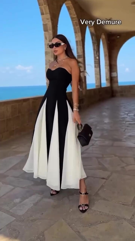 Abito Lungo Elegante da Cerimonia Evento Senza Maniche Bianco e Nero Vestito Bicolore Serata - 7305