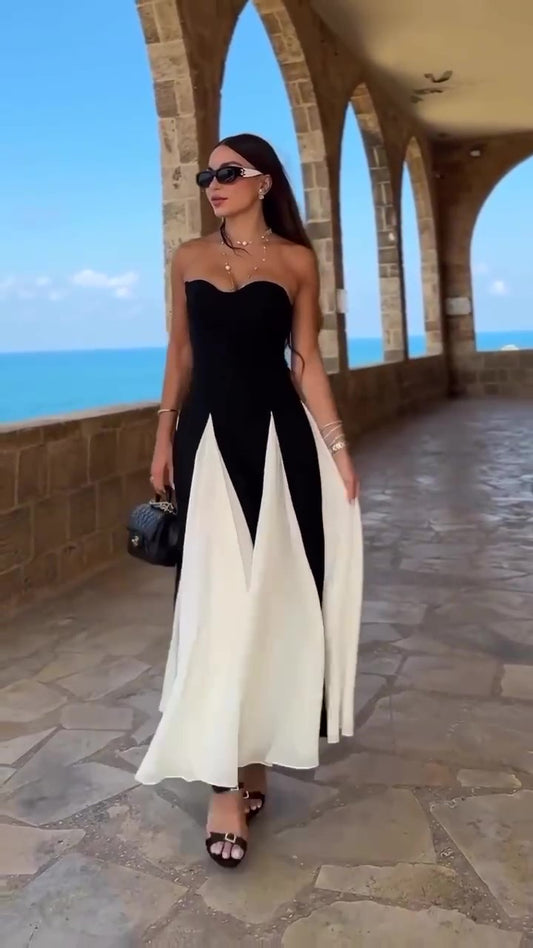 Abito Lungo Elegante da Cerimonia Evento Senza Maniche Bianco e Nero Vestito Bicolore Serata - 7305