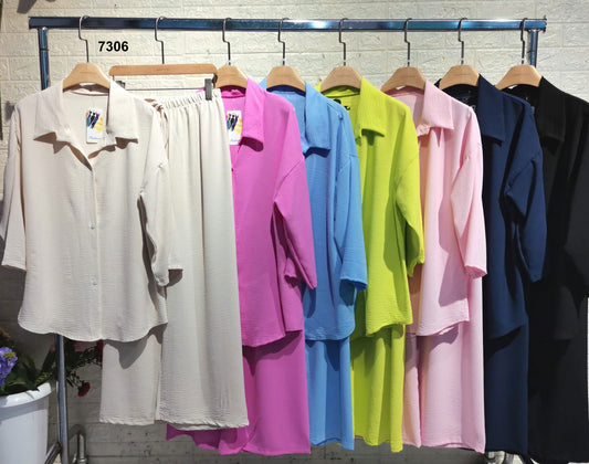 Completo Casual Camicia Manica 3/4 Pantalone Palazzo Coordinato Elegante in 7 Colori - 7306
