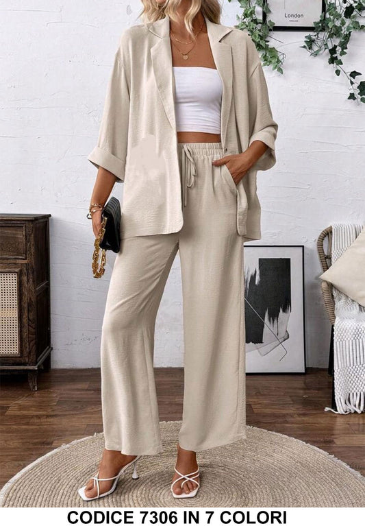 Completo Casual Camicia Manica 3/4 Pantalone Palazzo Coordinato Elegante in 7 Colori - 7306