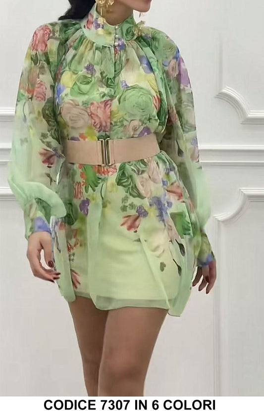 Abito Corto Elegante Multicolore Manica Campana Vestito Velato Stampa Floreale in 6 Colori - 7307