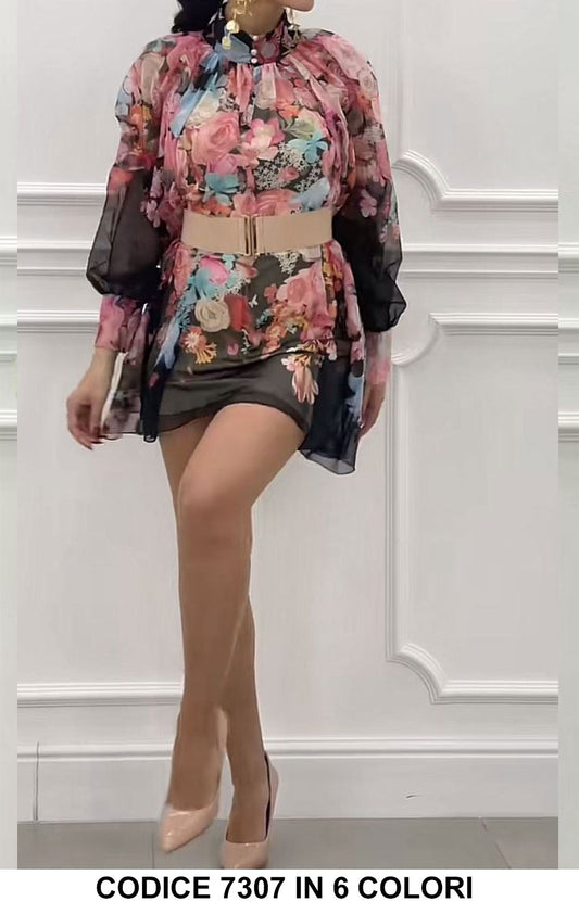 Abito Corto Elegante Multicolore Manica Campana Vestito Velato Stampa Floreale in 6 Colori - 7307