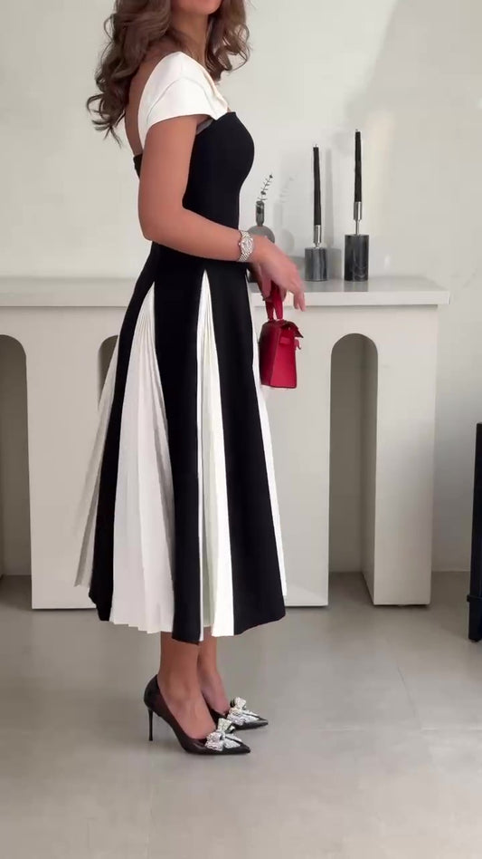 Abito Lungo Elegante da Cerimonia Vestito Bicolore Bianco Nero Plissettato con Spalline Evento Serata - 7308