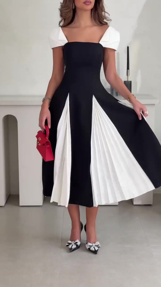 Abito Lungo Elegante da Cerimonia Vestito Bicolore Bianco Nero Plissettato con Spalline Evento Serata - 7308