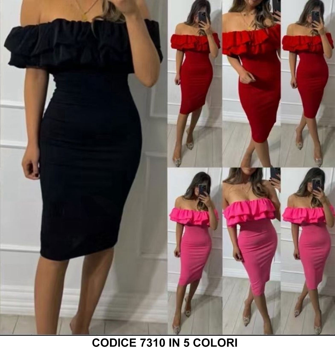 Abito Lungo Midi Aderente Scollatura Rouche a Fascia Vestito Elegante Evento Tubino in 4 Colori - 7310