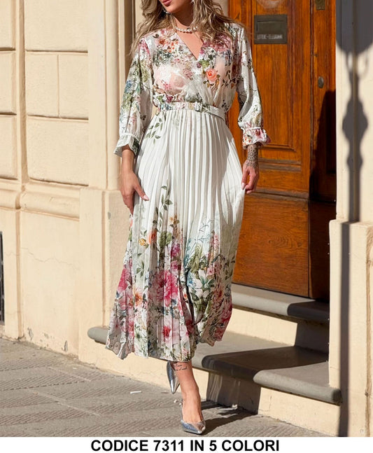 Abito Lungo Elegante Romantico Plissettato Vestito con Cintura Scollo V Stampa Floreale in 5 Colori - 7311