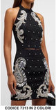 Completo Elegante Maglia Top Gonna Corta Applicazione di Strass Decoro Arabesco Coordinato in Bianco o Nero - 7313