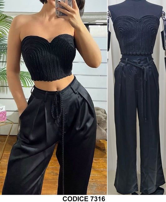 Completo Casual Maglia Top Uncinetto e Cordoncini Pantalone Palazzo Coordinato Nero Serata - 7316