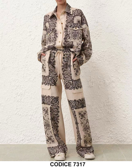 Completo Casual Camicia Pantalone Palazzo Cargo con Tasche Coordinato Stampa Arabesca in beige e nero - 7317