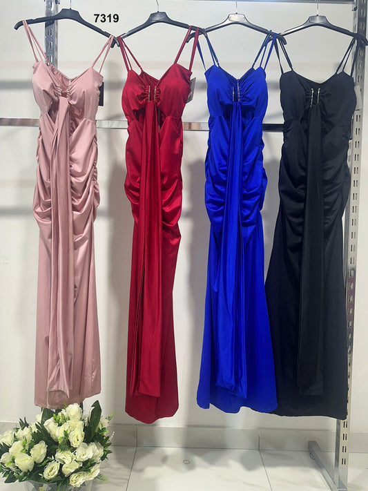 Abito Lungo Elegante da Cerimonia Scollo Gioiello con Rouche Pendente Vestito Serata Evento in 4 Colori - 7319