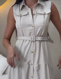 Abito Lungo Casual con Colletto e Cinturina Vestito Smanicato Chemisier a Balze in 5 Colori - 7320
