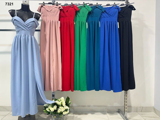 Abito Lungo Elegante Damigella Cerimonia Spalline Scese Vestito Spacco Profondo in 7 Colori - 7321