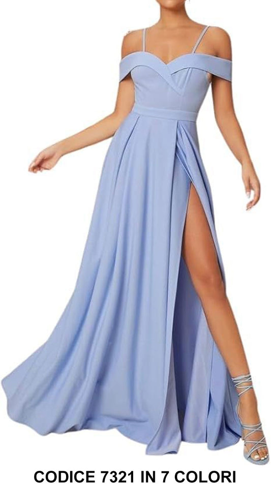 Abito Lungo Elegante Damigella Cerimonia Spalline Scese Vestito Spacco Profondo in 7 Colori - 7321
