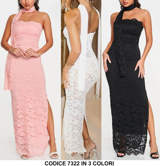 Abito Lungo Elegante Cerimonia Senza Maniche Merletto Pizzo Fascia Modellabile Vestito Evento in 3 Colori - 7322