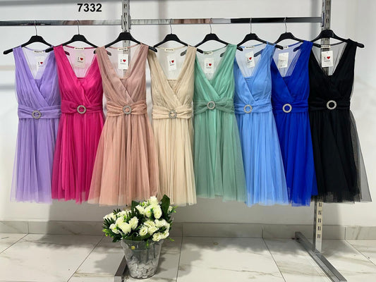 Abito Corto Elegante da Cerimonia Evento Serata Scollo V Cintura Gioiello Vestito Multiveli in 8 Colori - 7332