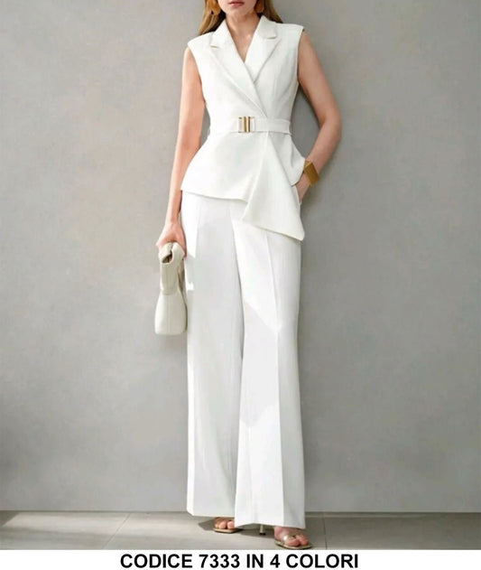 Completo Giacca Smanicata Asimettrica con Cintura Pantalone Palazzo Coordinato Tailleur in 4 Colori - 7333