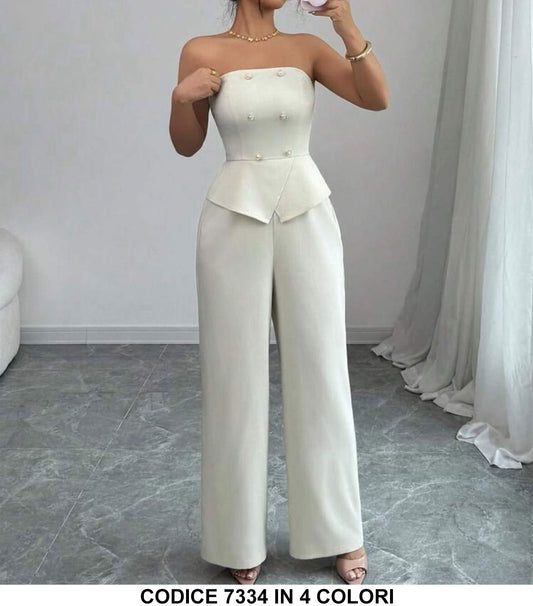 Tuta Elegante Intera Smanicata Bottoni Oro Gioiello Jumpsuit Pantalone Palazzo Cerimonia in 4 Colori - 7334