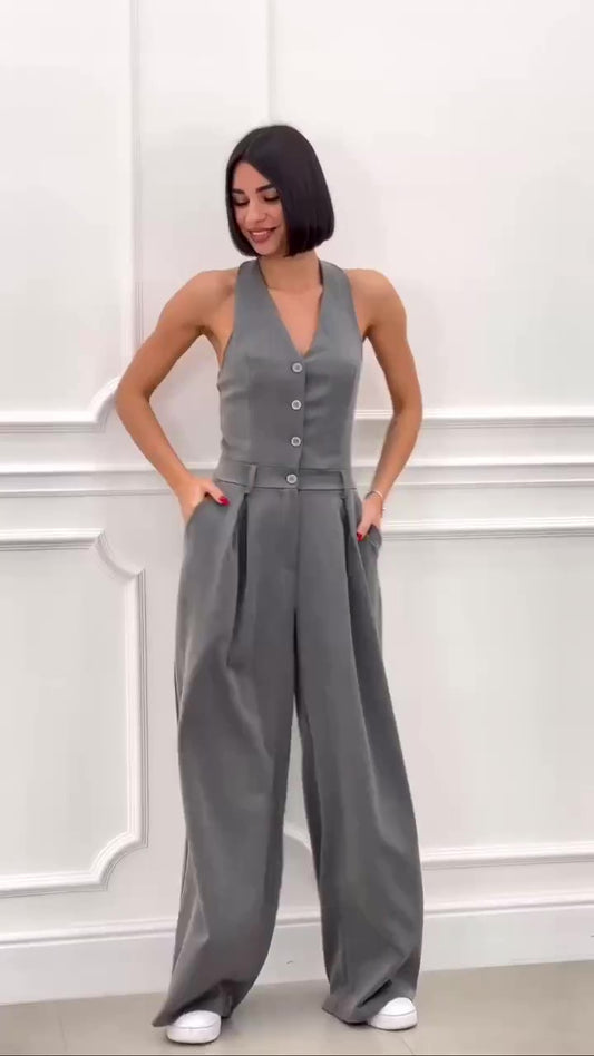 Tuta Casual Intera Smanicata Scollo V con Bottoni Pantalone Palazzo Largo Jumpsuit in 6 Colori - 7335