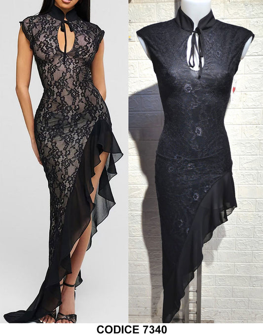 Abito Lungo Elegante da Cerimonia Evento Nero Merletto Pizzo Vestito Spacco Asimmetrico Rouche Sensuale - 7340