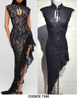 Abito Lungo Elegante da Cerimonia Evento Nero Merletto Pizzo Vestito Spacco Asimmetrico Rouche Sensuale - 7340Out