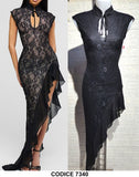 Abito Lungo Elegante da Cerimonia Evento Nero Merletto Pizzo Vestito Spacco Asimmetrico Rouche Sensuale - 7340Out