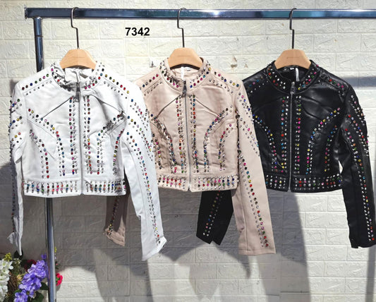 Giubbotto Corto Chiodo in Eco Pelle con Zip Giubbino con Strass Colorati Casual Giacca Ragazze in 3 Colori - 7342