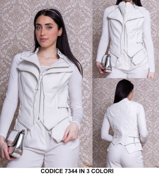 Giubbotto Chiodo Smanicato Eco Pelle Collo Alto Giubbino Casual Giacca Corta in 2 Colori - 7344
