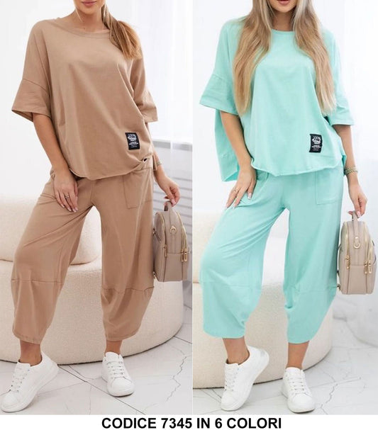 Tuta Completa Maglia Mezza Manica Pantaloni Cargo Asimmetrici al Polpaccio Coordinato in 6 Colori - 7345