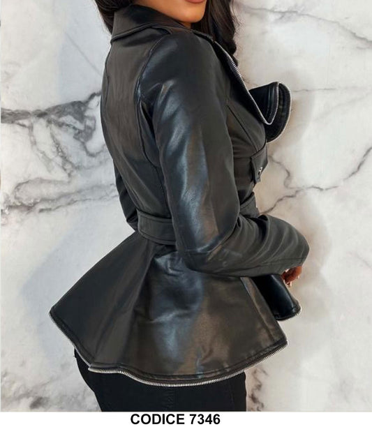 Giubbotto Chiodo Nero Effetto Volant Eco Pelle contorno Zippato Giubbino Casual Giacca Elegante - 7346