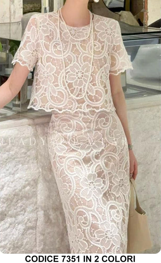 Completo Elegante Romantico Maglia e Gonna Lunga Trama Margherite Coordinato Foderato in Bianco o Nero - 7351