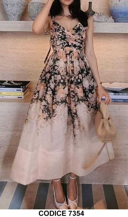 Abito Lungo Elegante Romantico Stampa Fiori Smanicato Scollo V Vestito Multicolore Casual - 7354