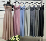 Abito Lungo Elegante da Cerimonia Damigelle Brillantinato con Bretelle Vestito Spacco Laterale in Grigio Perla - 7355Out