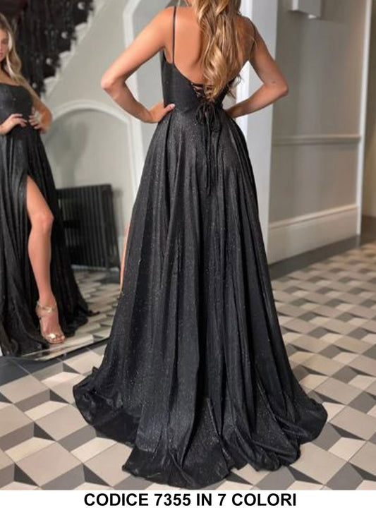 Abito Lungo Elegante da Cerimonia Damigelle Brillantinato con Bretelle Vestito Spacco Laterale in Grigio Perla - 7355Out