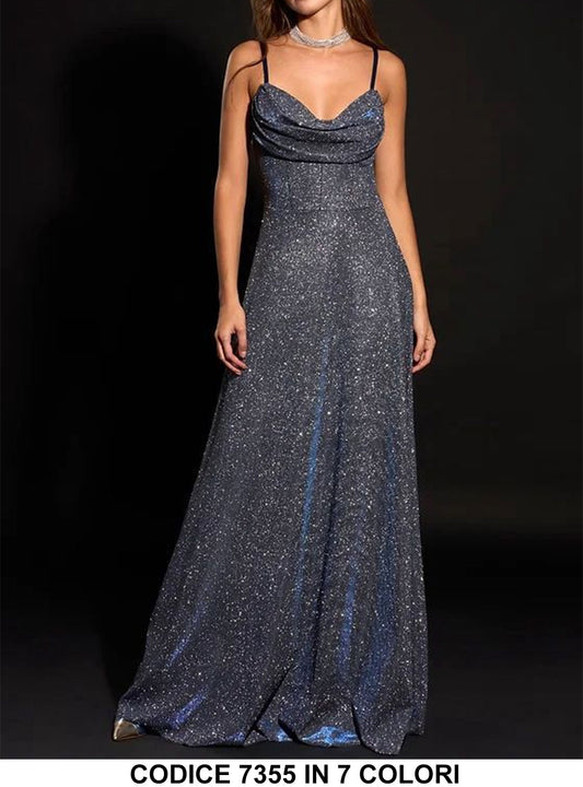 Abito Lungo Elegante da Cerimonia Damigelle Brillantinato con Bretelle Vestito Spacco Laterale in Grigio Perla - 7355Out