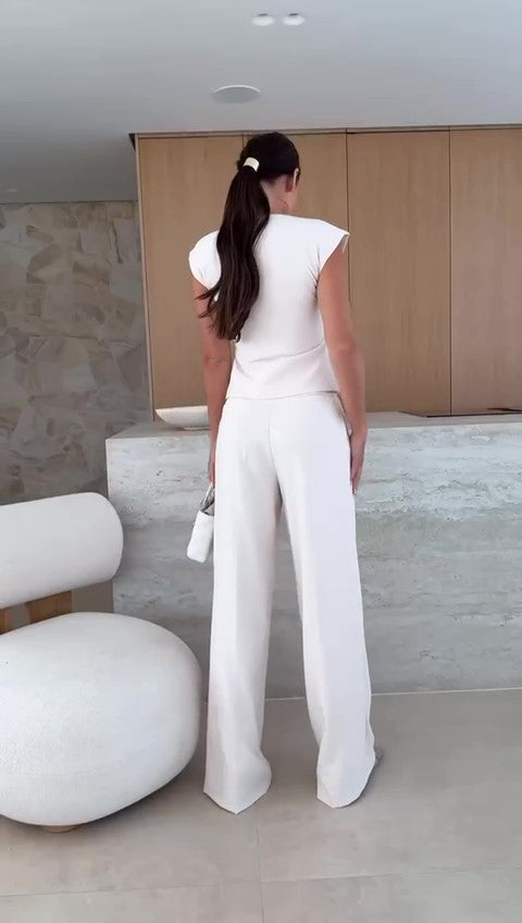 Completo Tailleur Glet Bottoni Gioiello Pantalone Palazzo Coordinato Elegante Casual in 4 Colori - 7358