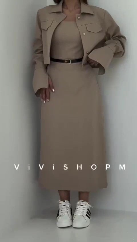Completo Elegante Giacca Corta Polsino Larghi Vestito Lungo Tubino Coordinato Tailleur in 4 Colori - 7361