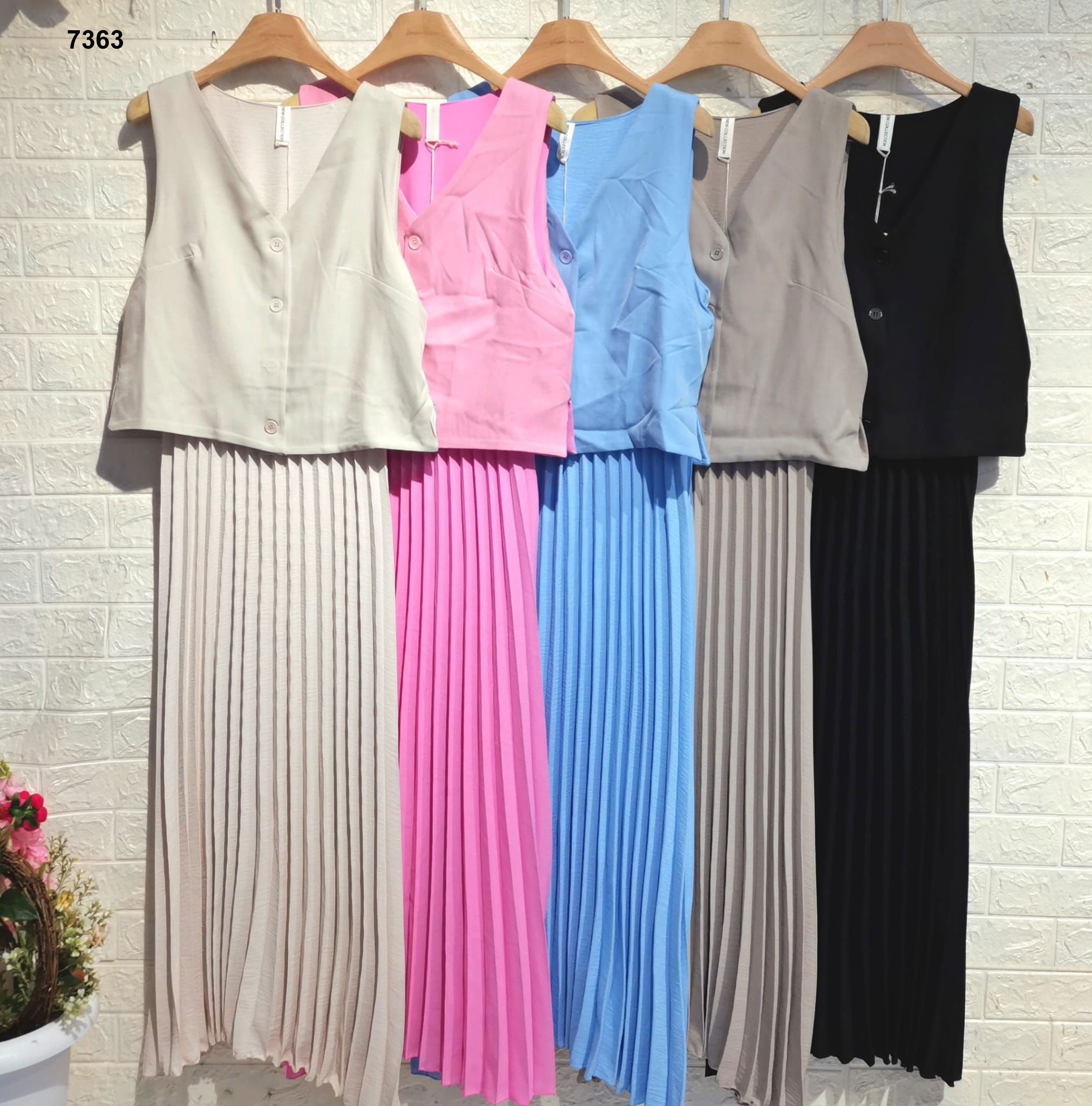 Completo Elegante Maglia Gilet con Bottoni Pantalone Largo Plissettato palazzo Coordinato Casual in 5 Colori - 7363