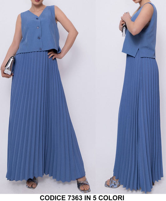 Completo Elegante Maglia Gilet con Bottoni Pantalone Largo Plissettato palazzo Coordinato Casual in 5 Colori - 7363