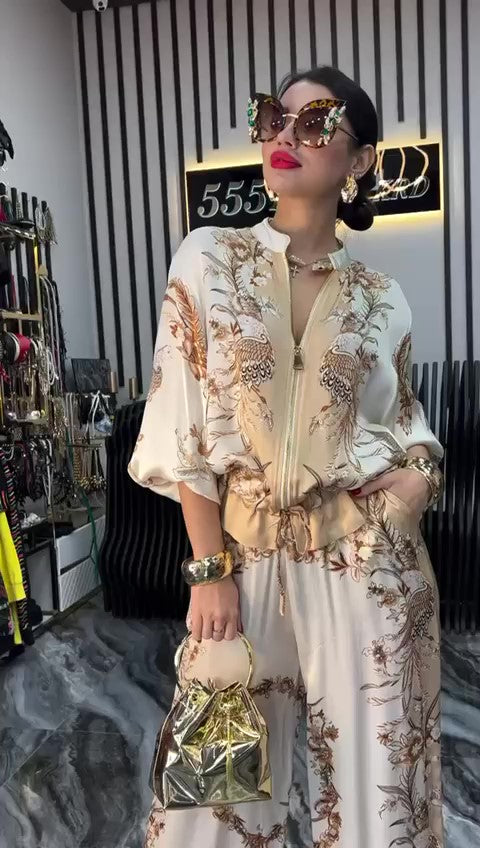Completo Kimono Giacchino con Zip e Laccetto Pantalone Palazzo Coordinato Elegante Casual in 3 Colori - 7364