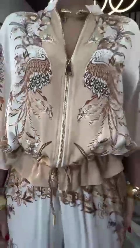 Completo Kimono Giacchino con Zip e Laccetto Pantalone Palazzo Coordinato Elegante Casual in 3 Colori - 7364