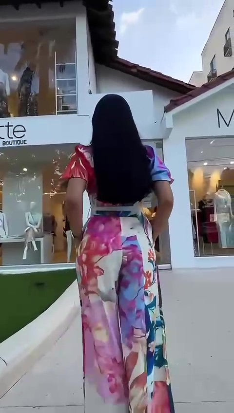 Tuta Elegante Multicolore con Cintura Mezza Manica Pantalone Palazzo Jumpsuit Colorata - 7366