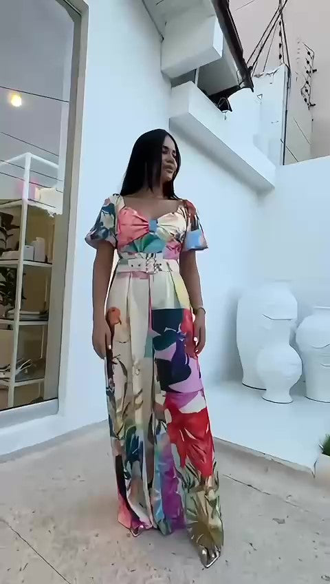 Tuta Elegante Multicolore con Cintura Mezza Manica Pantalone Palazzo Jumpsuit Colorata - 7366