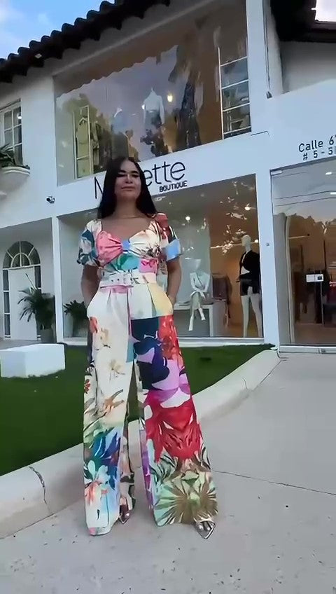 Tuta Elegante Multicolore con Cintura Mezza Manica Pantalone Palazzo Jumpsuit Colorata - 7366