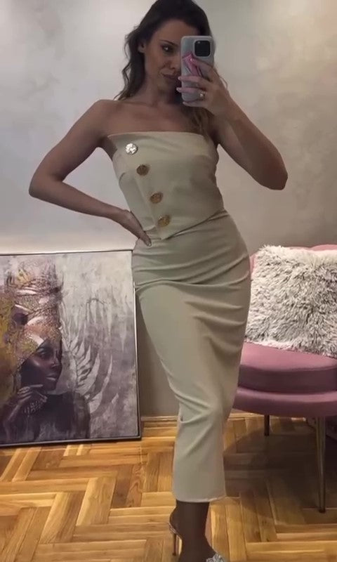 Abito Lungo Midi alla Caviglia Bottoni Oro Gioiello Vestito Senza Maniche Tubino Casual in 6 Colori - 7367