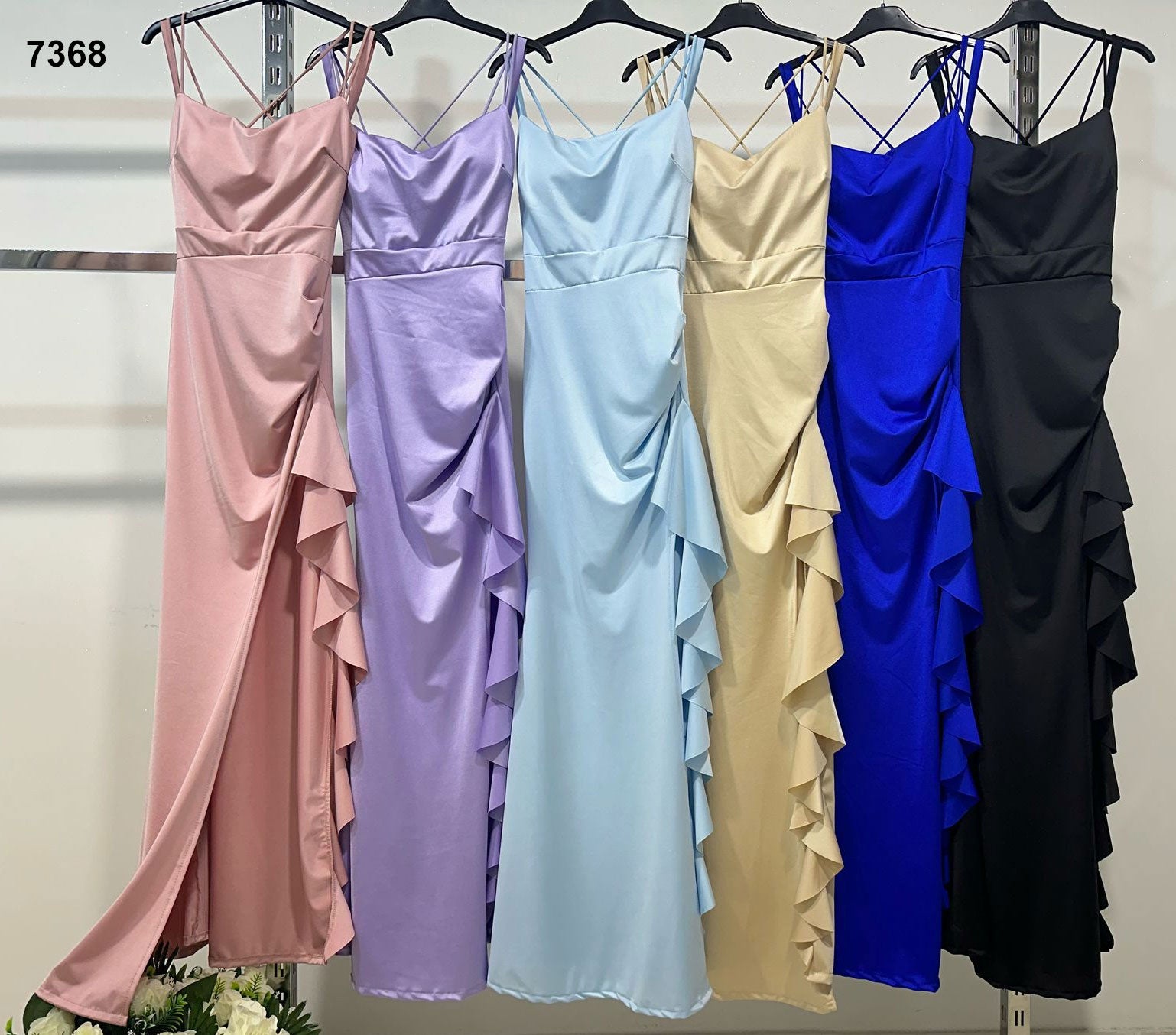 Abito Lungo Elegante da Cerimonia con Rouche Spacco Profondo Laterale Vestito Evento Serata in 6 Colori - 7368