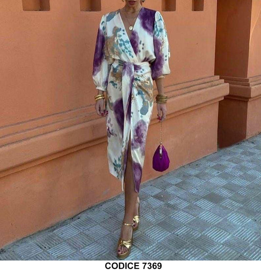 Abito Lungo Midi alla Caviglia Scollo V Stampa Astratta Colorata Bianco Viola Vestito con Cintura Casual - 7369